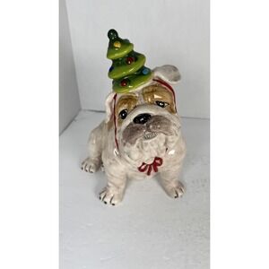 Blue Sky Clayworks Christmas Bulldog Figurine w/ Tree Hat Holiday Decor Dog